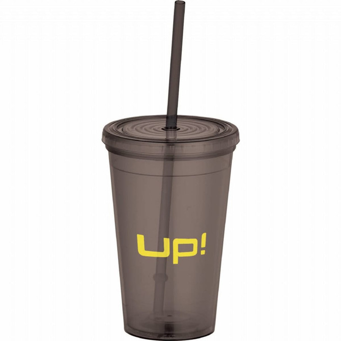 A drink bottle featuring a transparent grey design, equipped with a matching straw and a logo.