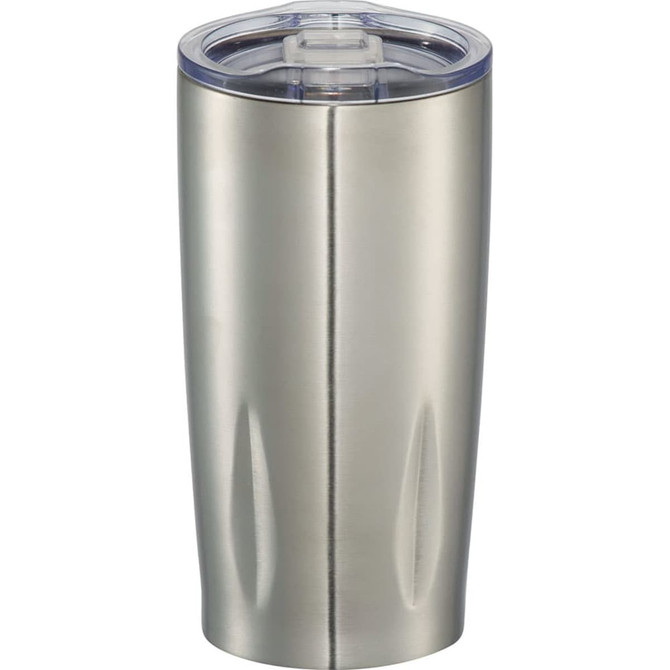A drink bottle featuring a silver stainless steel body with a clear lid and a sleek design. It includes a logo.