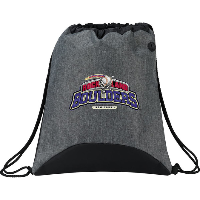 A grey drawstring sportspack with a logo, featuring a black bottom panel and adjustable cords.