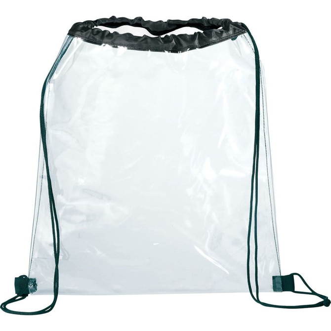 A clear drawstring sportspack with black drawstrings and toggle closures. Features a simple, transparent design.
