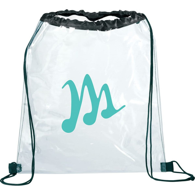 Clear drawstring sportspack with a teal logo, featuring black drawstrings and a transparent design.