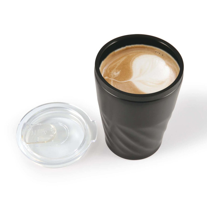 A reusable black coffee cup with a clear lid, featuring a swirled design and a latte art pattern on top.