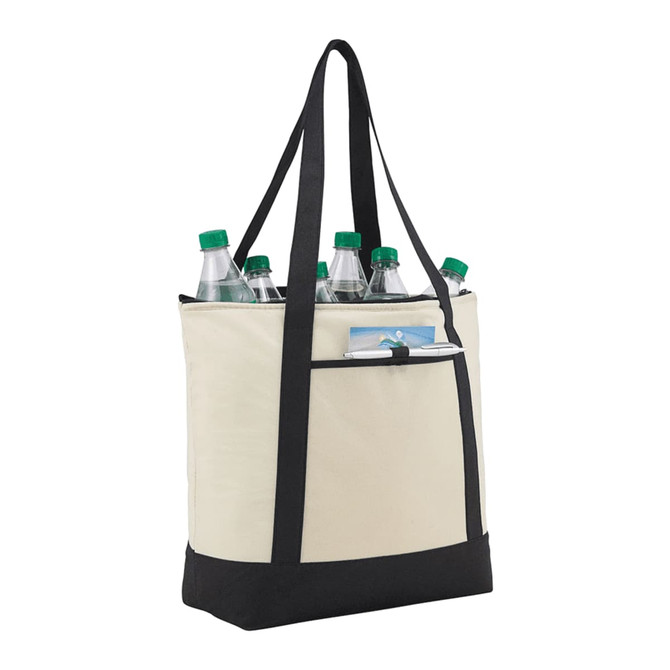 A beige and black tote cooler bag filled with several drink bottles and a small pocket in the front.