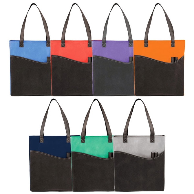 A collection of non-woven tote bags in various colours, featuring a contrasting pocket and handles, with branding displayed.