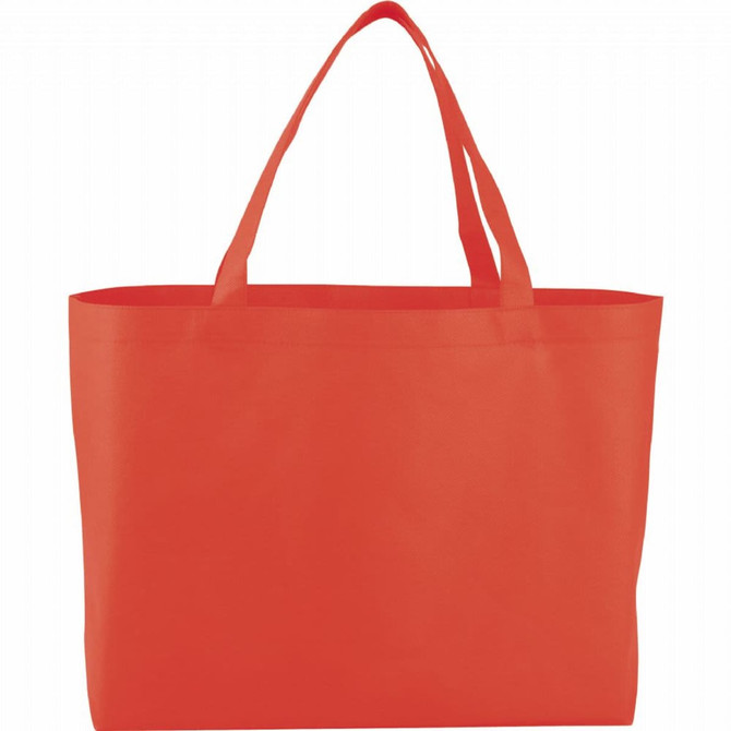An orange non-woven shopper tote bag with two handles, featuring a simple design and a logo.