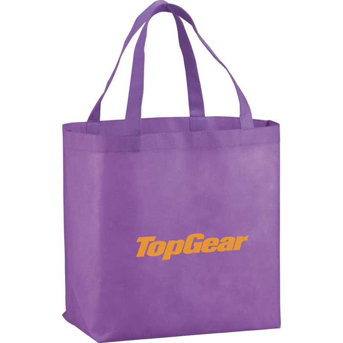 A purple non-woven shopper tote bag with two handles and a logo on the front.