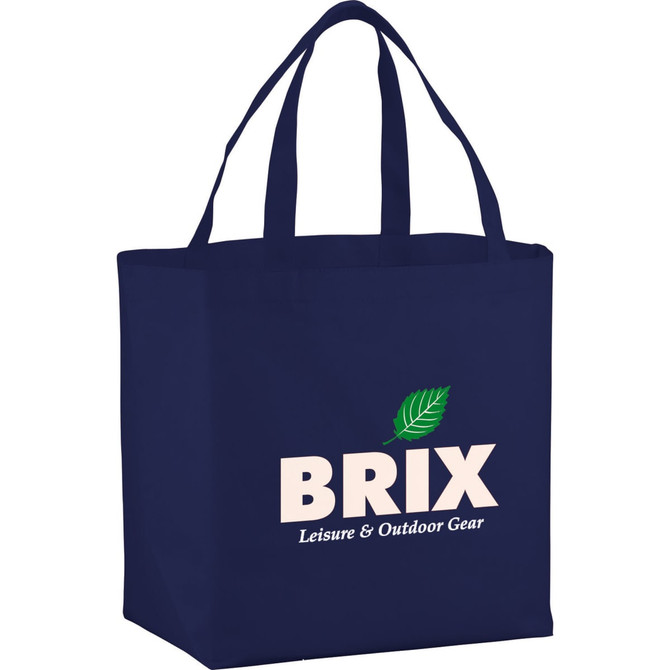 A navy blue non-woven shopper tote bag with two handles and a logo. Suitable for carrying various items.
