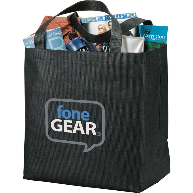 A black non-woven shopper tote filled with various magazines, a bottle, and other items, featuring a logo.