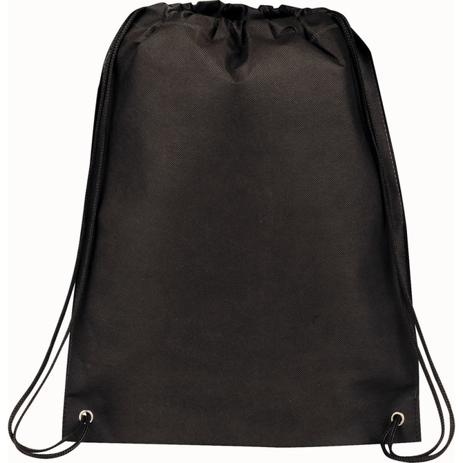 A black drawstring sportspack with a textured finish and a logo at the top. It features two cord straps.