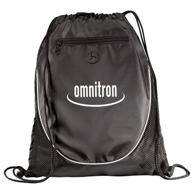 A black drawstring sportspack with a zippered pocket and mesh sides, featuring a logo on the front.