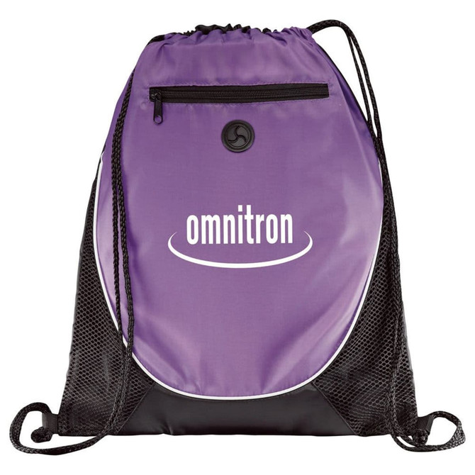 A purple drawstring sportspack with a black base and mesh sides, featuring a logo on the front.
