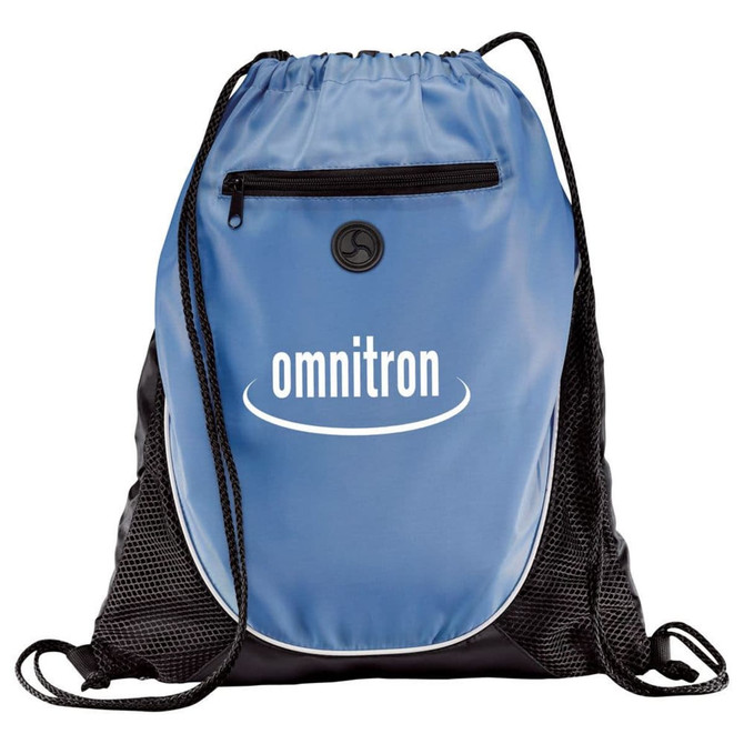 A blue and black drawstring sportspack with a logo and mesh side pockets.