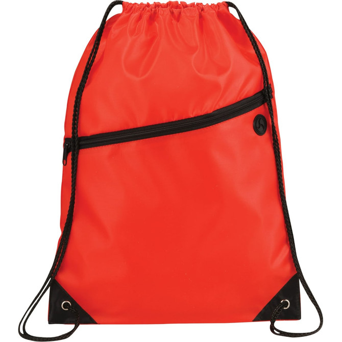 A red drawstring sportspack with a black zippered pocket and black accents. It features adjustable drawcord straps and a logo.