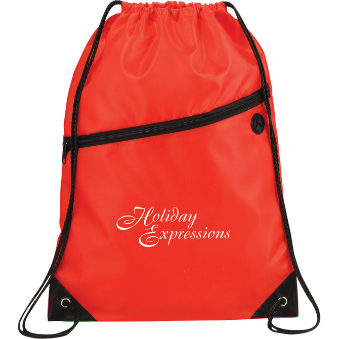 A red drawstring sportspack featuring a zippered pocket and a logo. Designed with black accents.