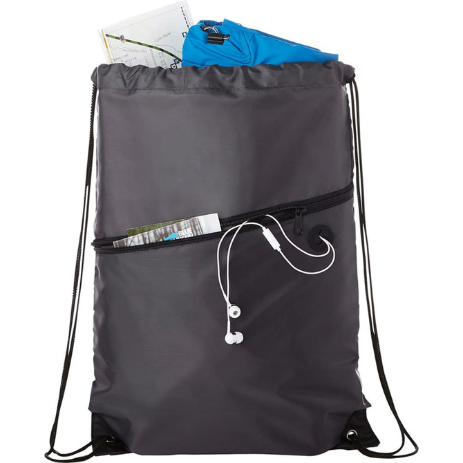 A black drawstring sportspack with a zippered pocket, containing a map and a blue jacket, plus earphones.