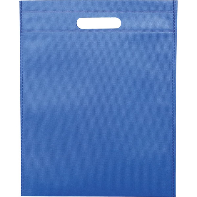 A blue non-woven tote bag with a top handle and a smooth surface. Features a logo or branding.