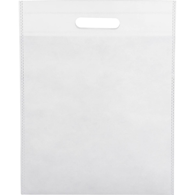 A white non-woven tote bag with a cut-out handle and no visible design or branding.