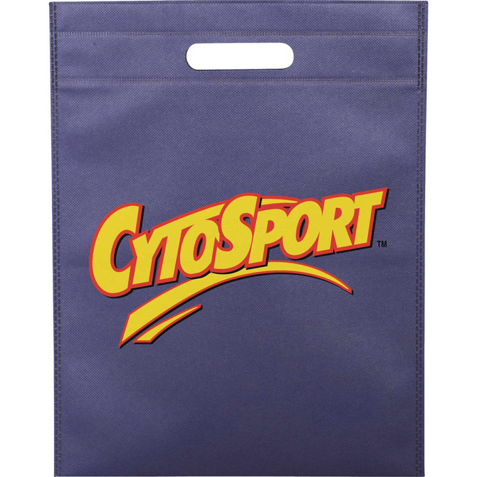 A dark blue non-woven tote bag with a top handle and a logo printed on the front.