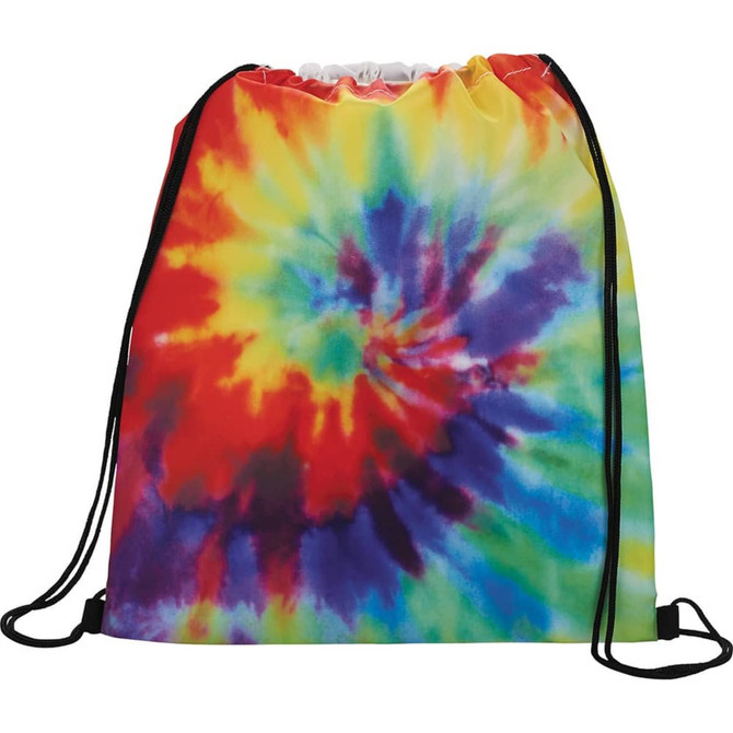 A tie-dye drawstring sportspack in vibrant colours of red, yellow, blue, and green, featuring a drawstring closure and logo.