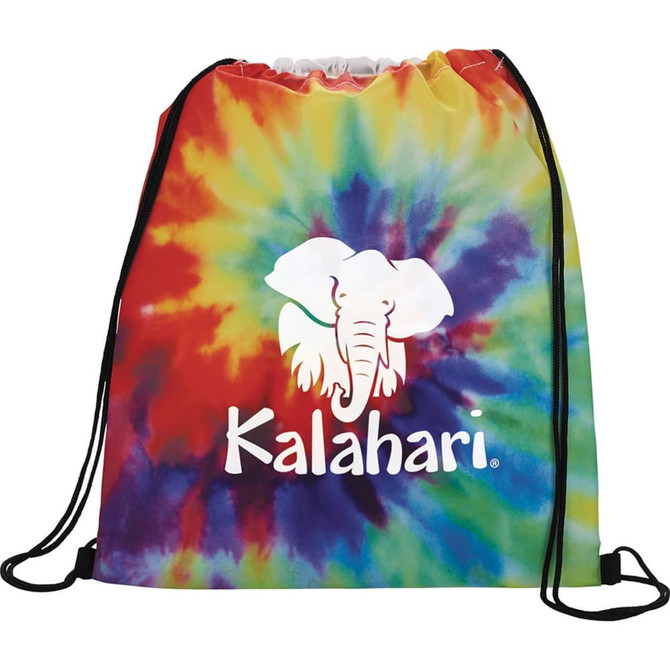 A vibrant tie-dye drawstring sportspack in rainbow colours, featuring a logo on the front.