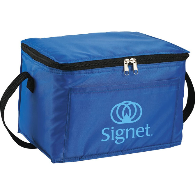 A blue insulated cooler bag with a zippered top and a logo on the front, featuring a carrying handle.