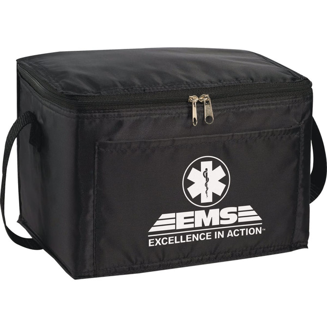 A black lunch cooler bag with a zip closure and a carrying handle, featuring a logo on the front.