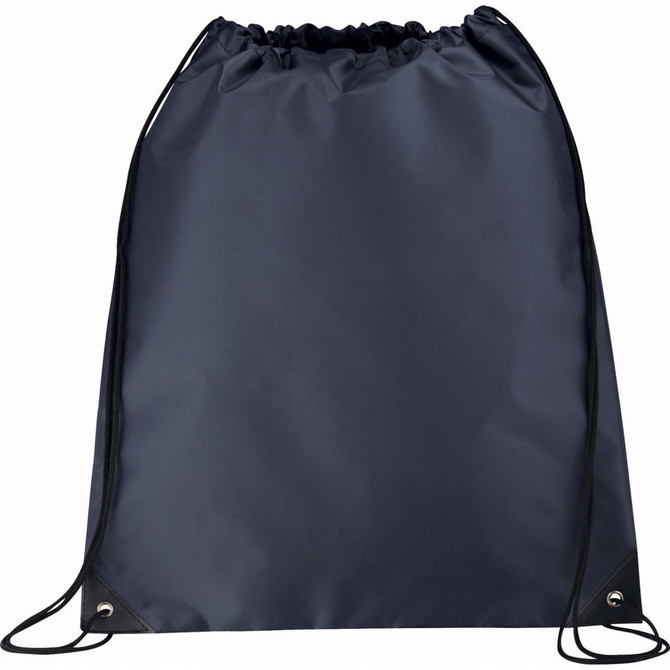 A large drawstring sportspack in dark navy, featuring a logo and cinch closure. Ideal for carrying items.