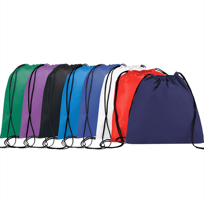 A collection of drawstring sportpacks in various colours, including green, purple, black, blue, white, red, and navy, each with a logo.