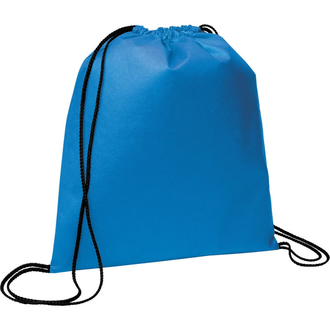 A blue non-woven drawstring sportpack with black cords and a simple design. It includes a logo.