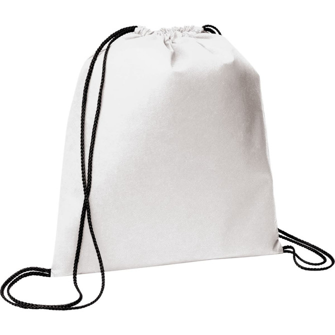 A white non-woven drawstring sportpack with black drawstrings and a logo on the front.
