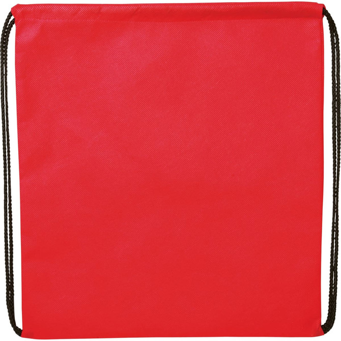 A red non-woven drawstring sportpack with black drawstrings and a simple design, featuring a logo.