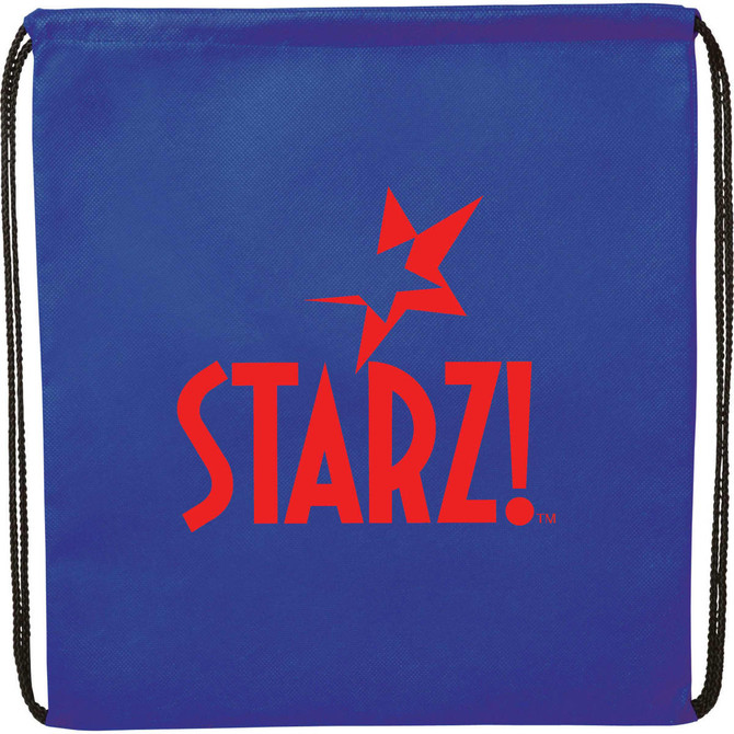 A blue non-woven drawstring sportpack with a black drawstring and a logo printed on the front.
