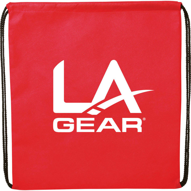 A red non-woven drawstring sportpack featuring a white logo and black drawstrings.