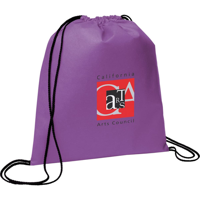 A purple non-woven drawstring sportpack with a logo on the front and black drawstrings.