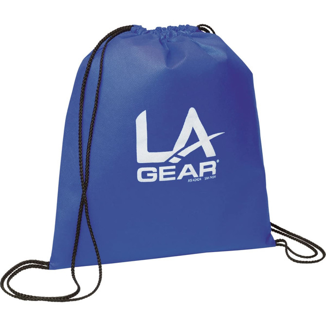 A blue non-woven drawstring sportpack with black cords and a logo. Suitable for carrying small items.