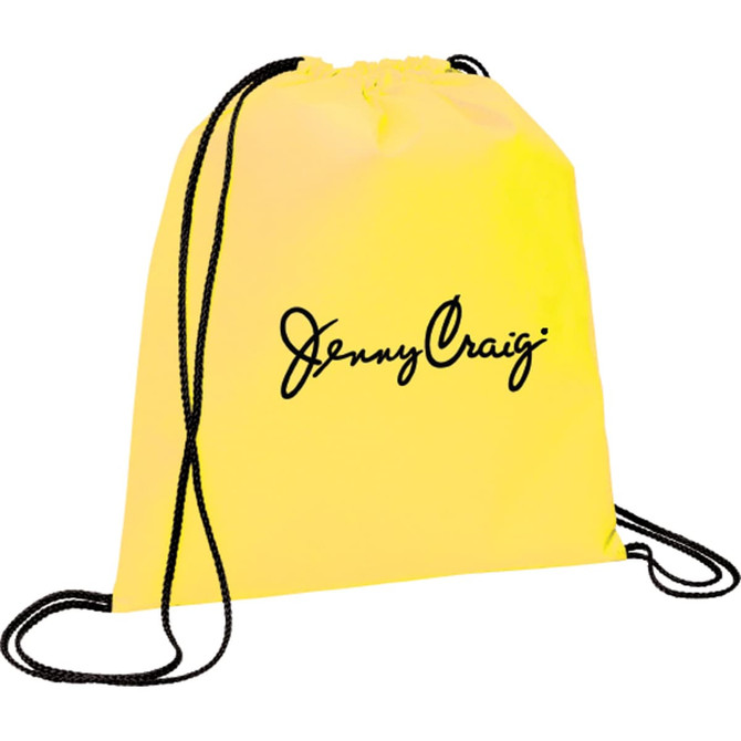 A yellow non-woven drawstring sportpack featuring a black logo and black drawstrings.