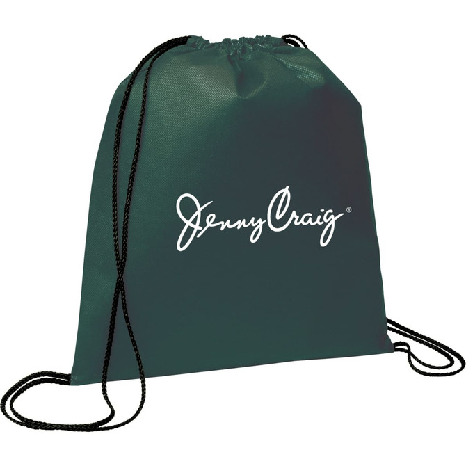A green non-woven drawstring sportpack featuring a logo on the front and black drawstrings.