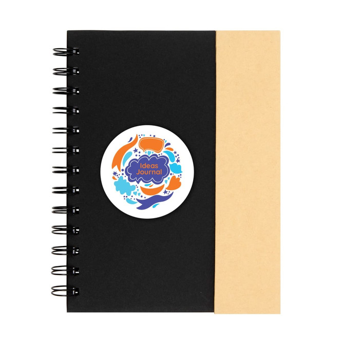 A black spiral-bound notebook with a tan cover and a circular logo on the front.