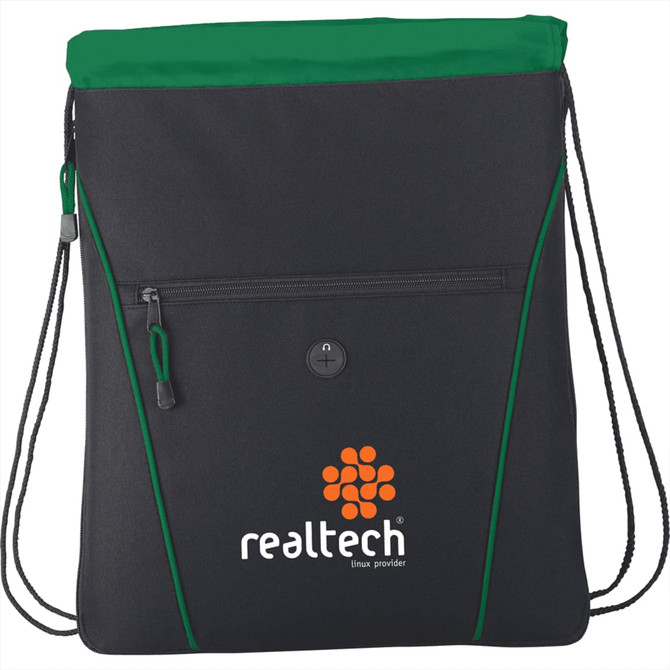 A black drawstring bag with a green top, featuring a front zip pocket and a logo.
