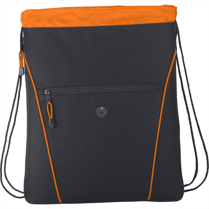 A black drawstring bag with an orange top, featuring a zipped front pocket and a logo.