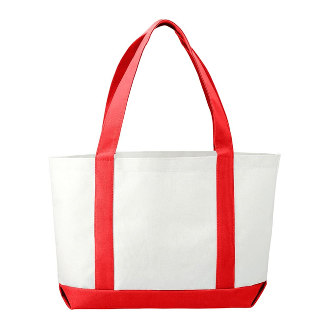 A large tote bag in white with red handles and a logo, featuring a spacious design for various items.
