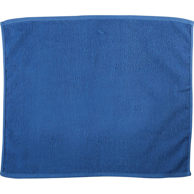 A blue gym towel featuring a textured surface and a contrasting border. The towel includes a logo.