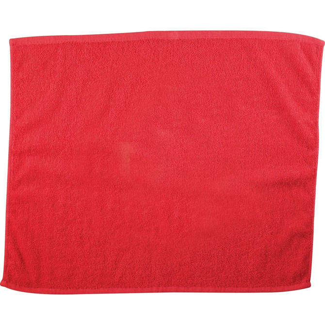 A vibrant red gym towel, featuring a textured fabric. It has a branding logo on one edge.