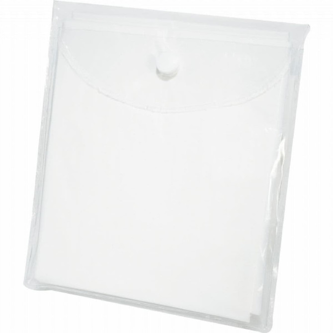 A clear plastic pouch with a flap closure. The pouch is empty and displayed on a white background.