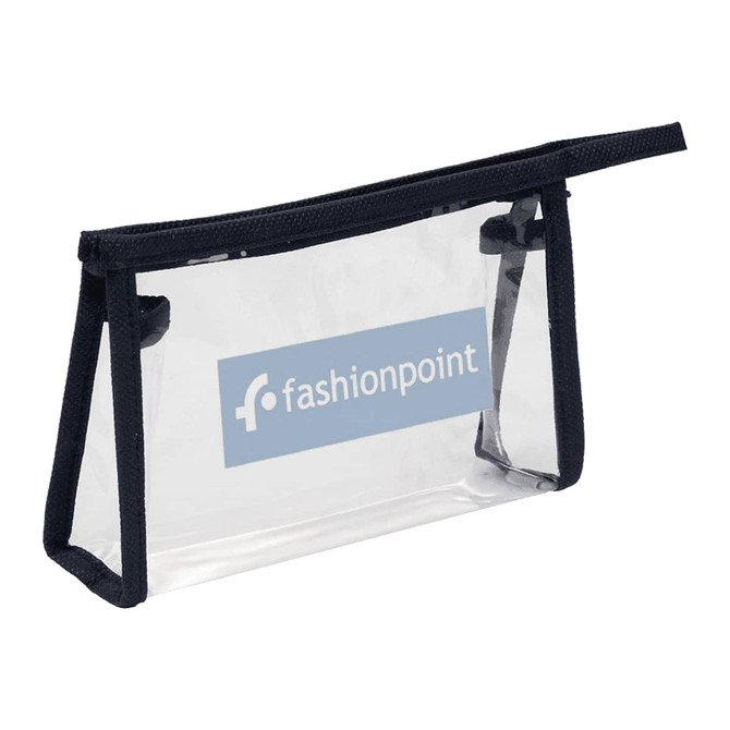 A clear toiletry bag with a navy blue trim and a logo. The bag features a zip closure and a structured design.