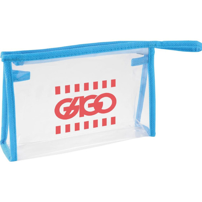 A clear toiletry bag with a blue zipper and handle, featuring a logo in red.