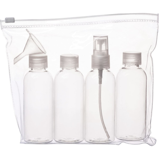A clear zippered pouch containing four empty bottles and a funnel, all designed for toiletries.