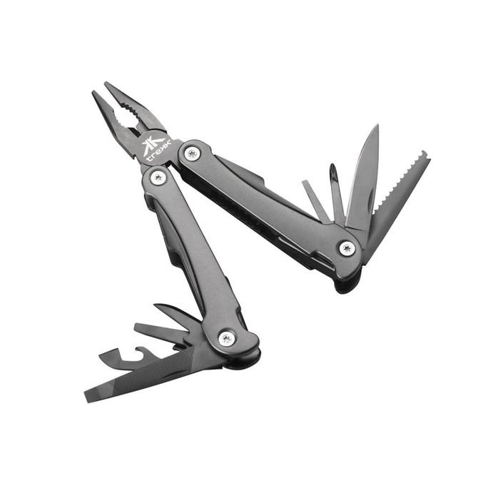 A black multi-tool with pliers, blades, and various attachments. It features a logo on its handle.