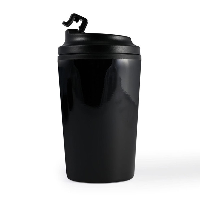 A reusable black coffee cup with a black lid and a built-in hook. It features a logo on the surface.