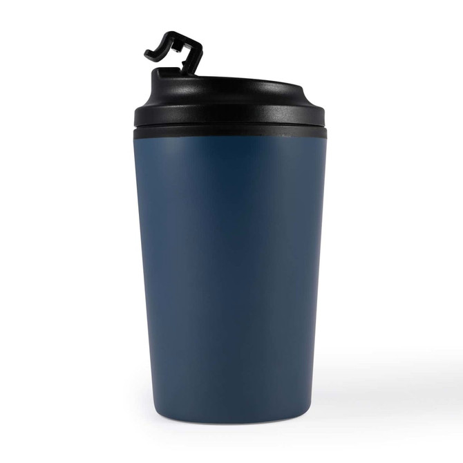 A reusable coffee cup in a deep navy blue color with a black lid and a flip top for easy access.